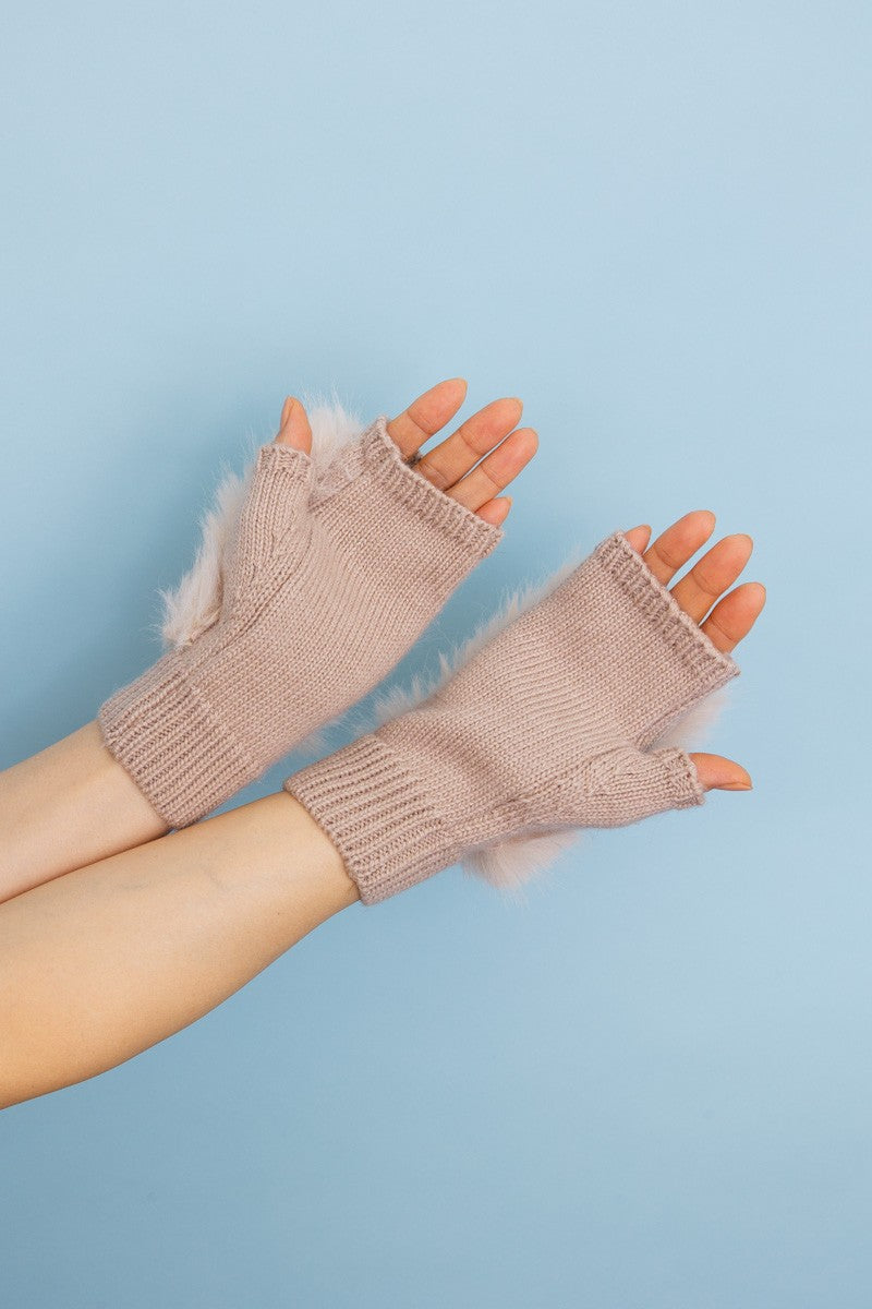 faux fur trim fingerless knit mittens