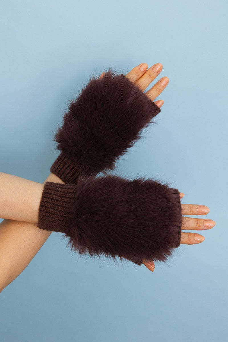 faux fur trim fingerless knit mittens