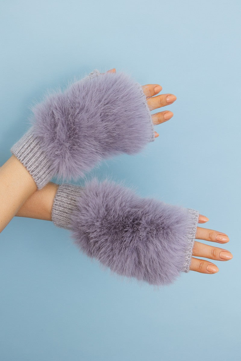 faux fur trim fingerless knit mittens