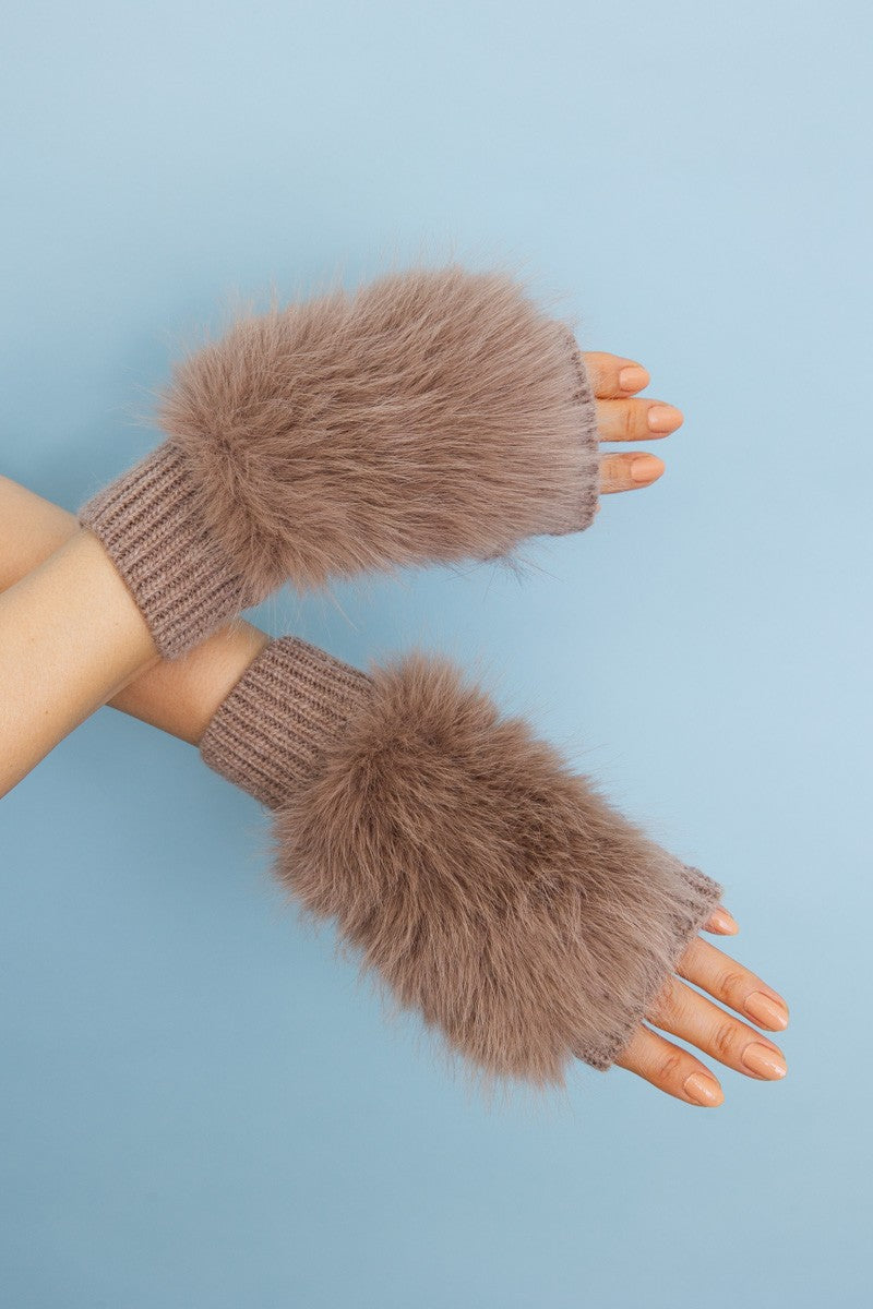 faux fur trim fingerless knit mittens