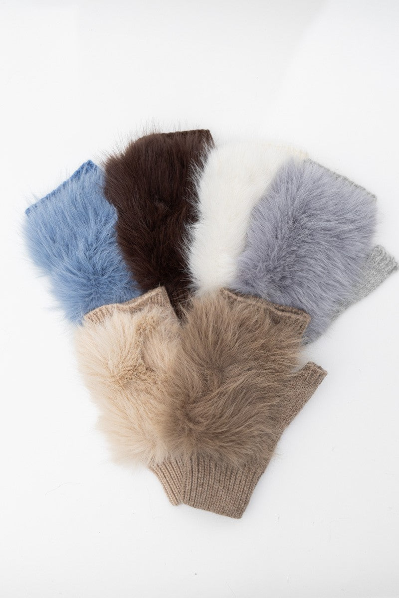 faux fur trim fingerless knit mittens