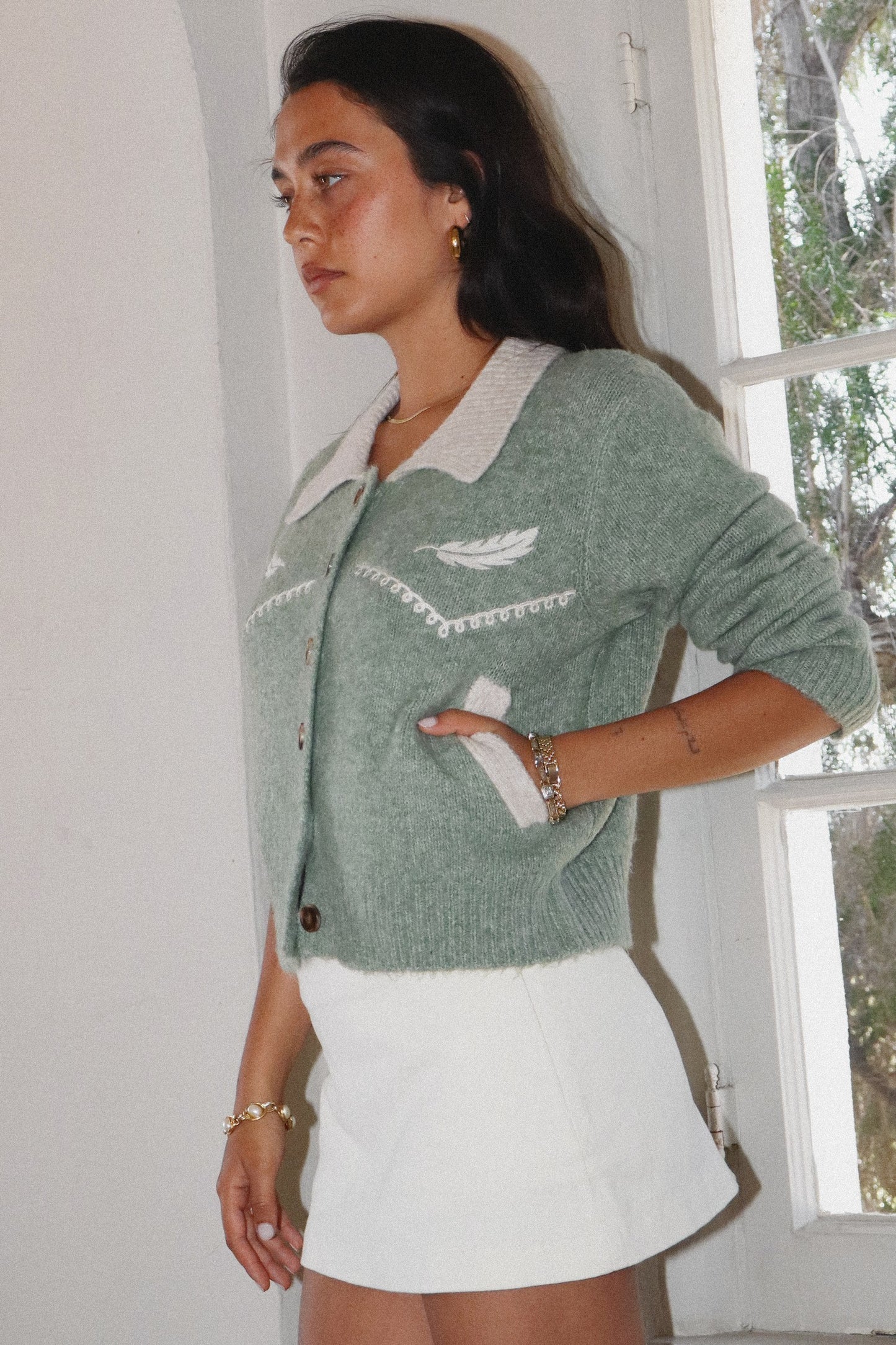 feather embroidered cardigan