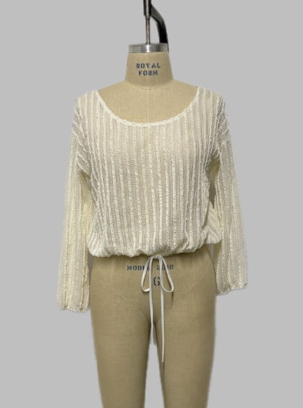 fishnet scoop neck drawstring waist top-curvy