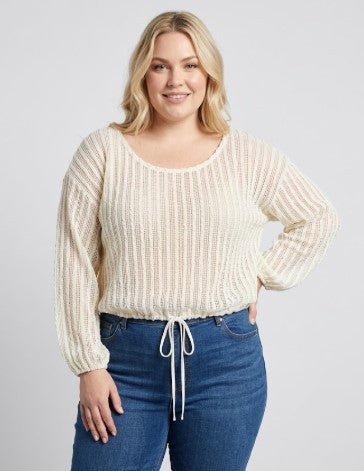 fishnet scoop neck drawstring waist top-curvy
