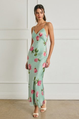 Floral Chevron Seam Open Back Dress