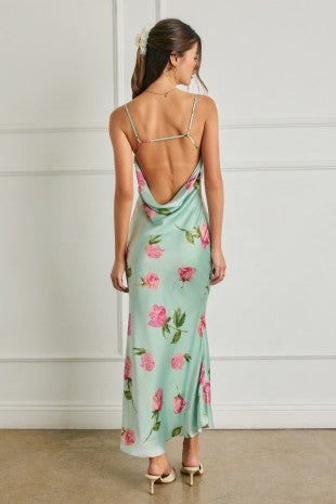 Floral Chevron Seam Open Back Dress