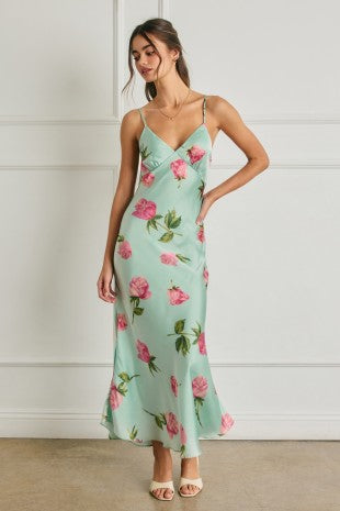 Floral Chevron Seam Open Back Dress