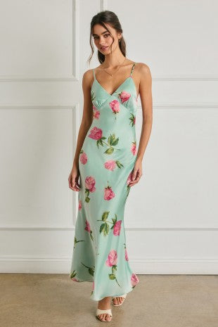 Floral Chevron Seam Open Back Dress