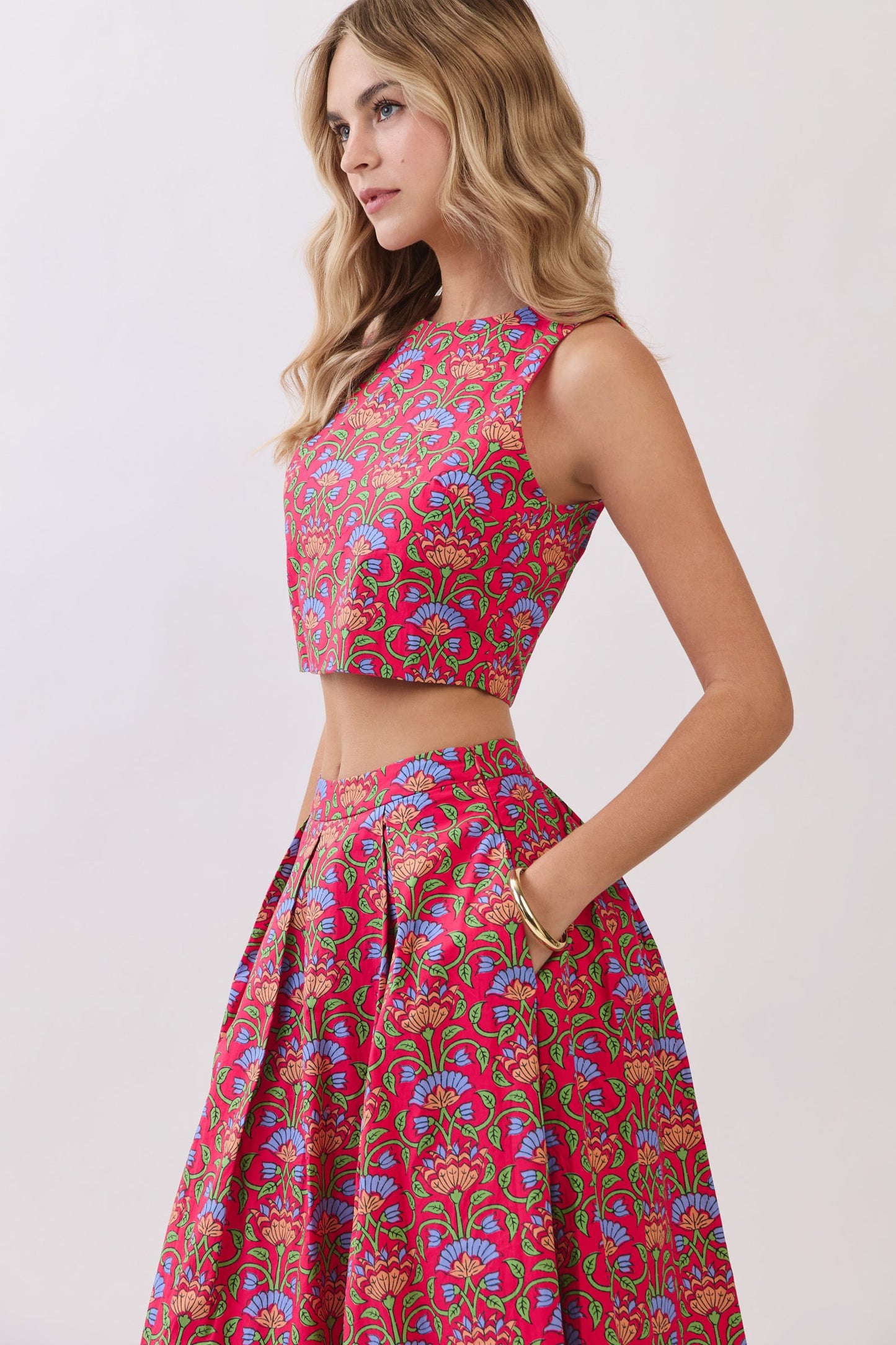floral print pleated midi skirt