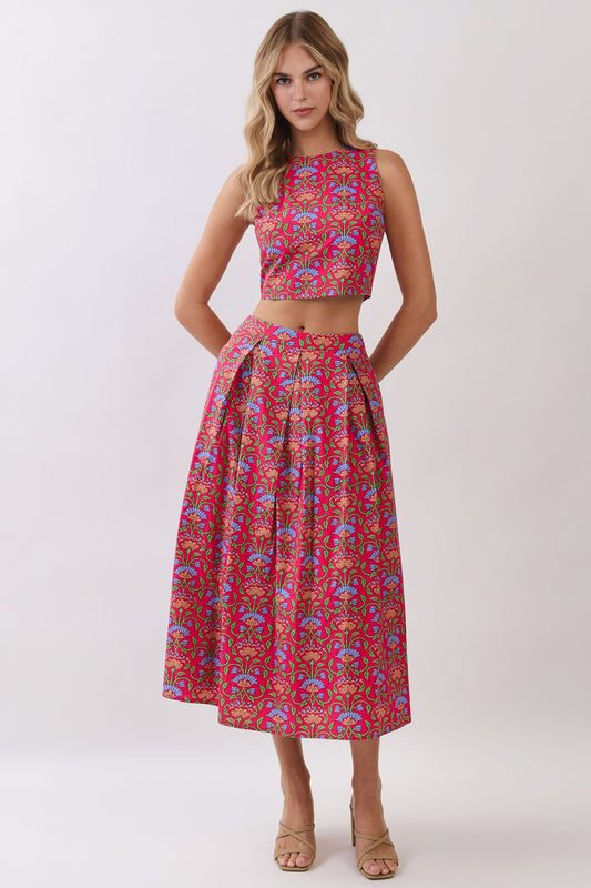 floral print pleated midi skirt