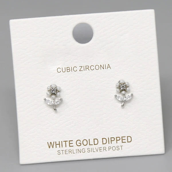 flower pearl/cz stud earrings