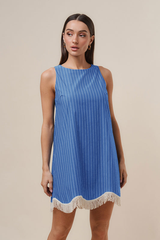 fringe stripe mini dress