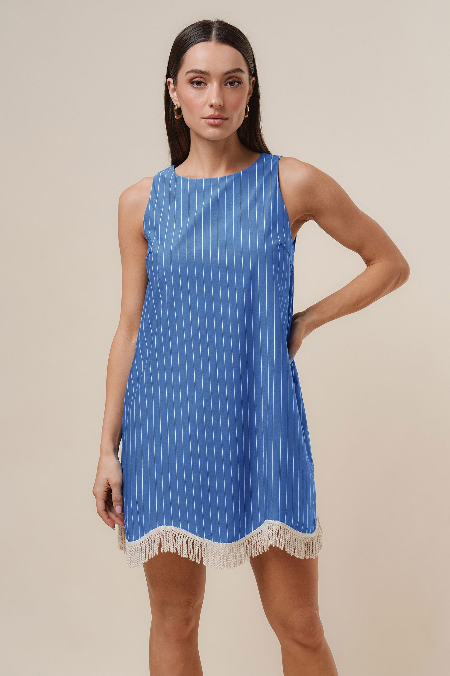 fringe stripe mini dress