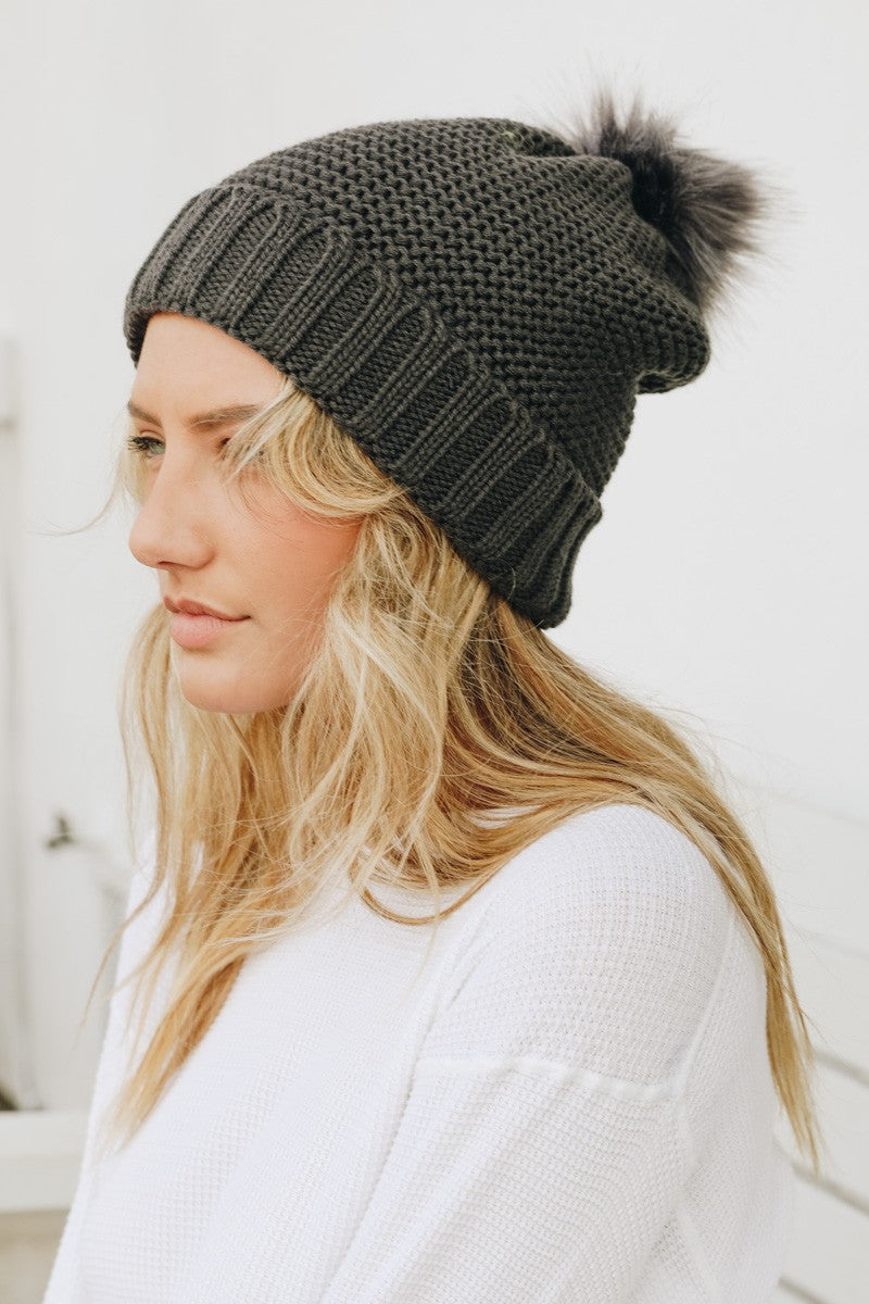 pom beanie with sherpa lining