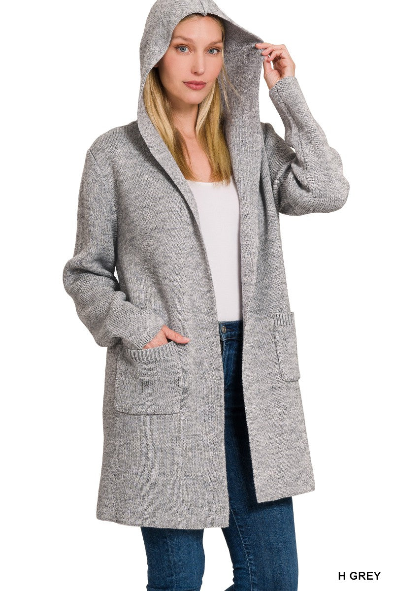 hooded open front cardigan