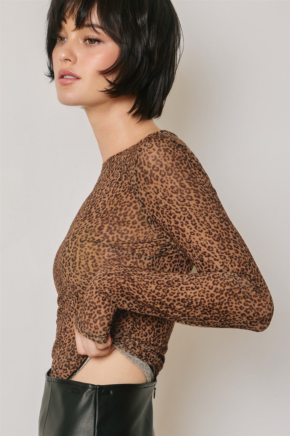 leopard mesh long sleeve bodysuit
