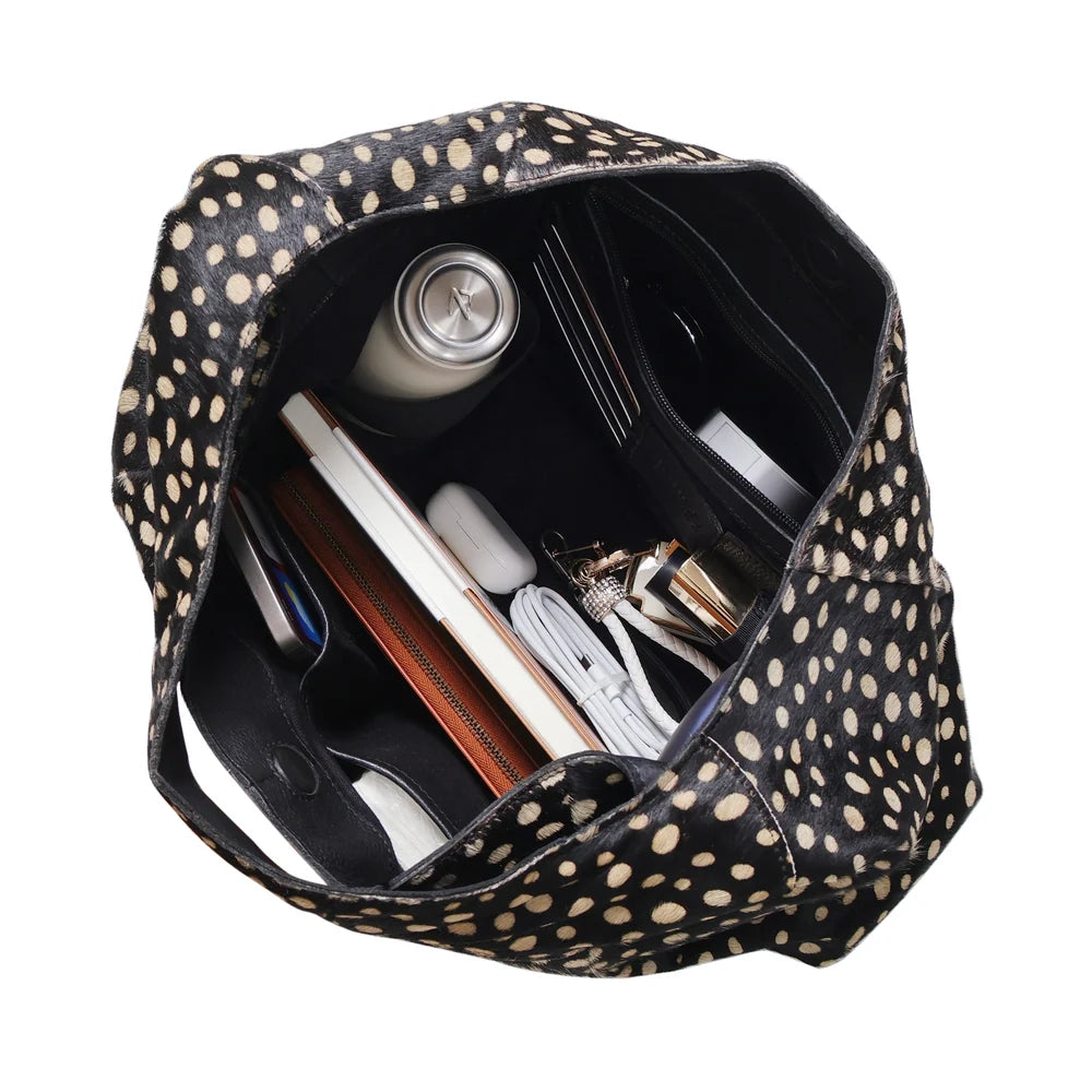 lindsey hair on leather tote bag
