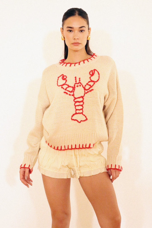 lobster embroidered sweater w/ stitch hem