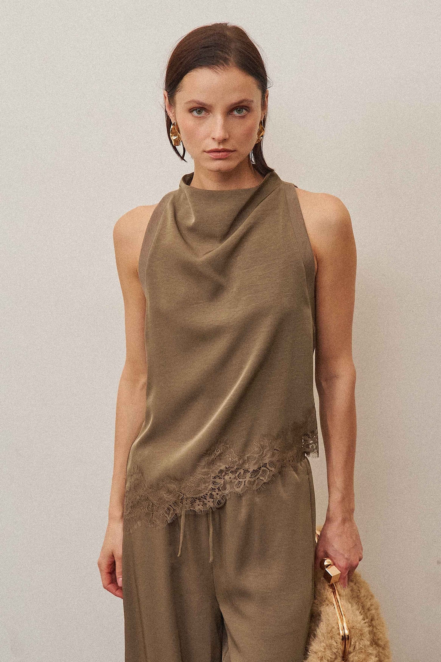 luisa cowl neck lace trim top