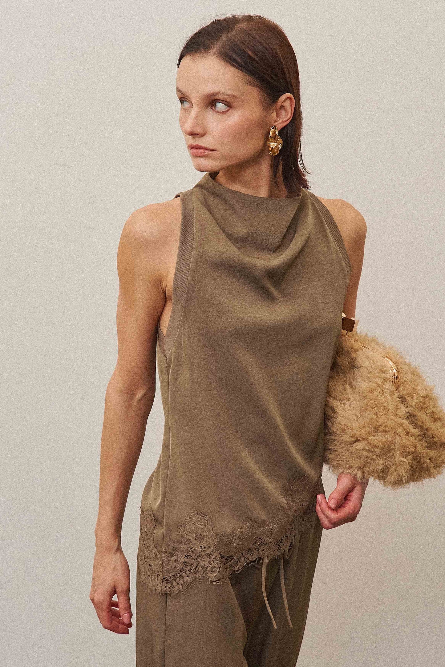 luisa cowl neck lace trim top