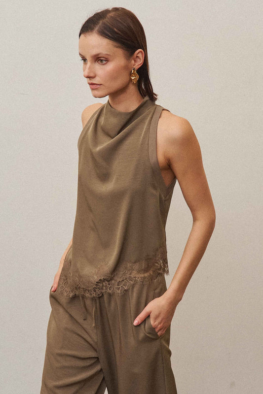 luisa cowl neck lace trim top