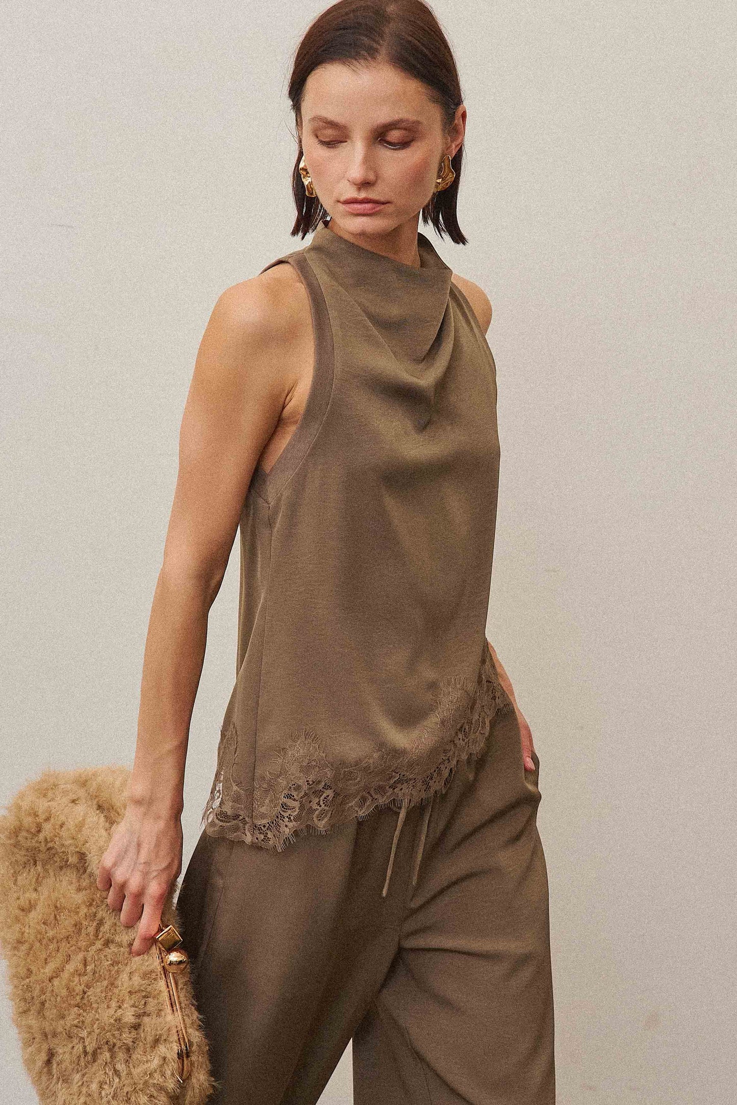 luisa cowl neck lace trim top