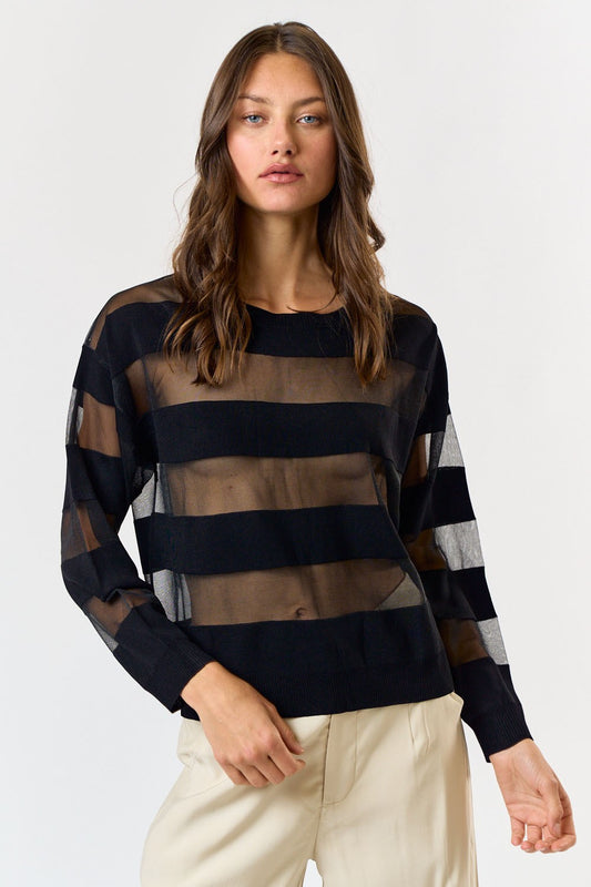 mesh mix sheer stripe long sleeve