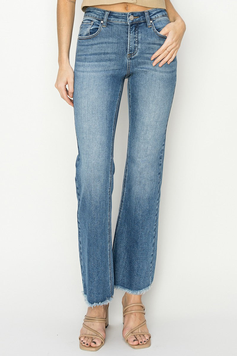 mid rise ankle bootcut fray hem jeans