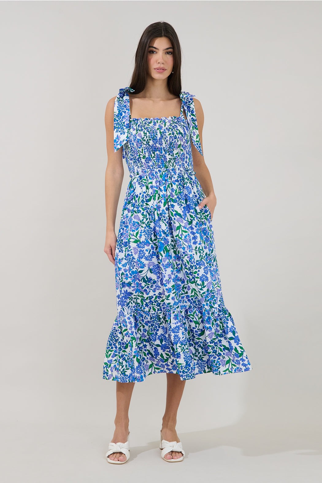 mitzy floral smocked midi dress