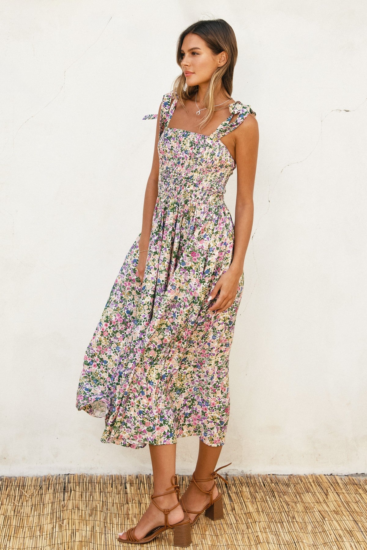 morning glory smocked midi dress