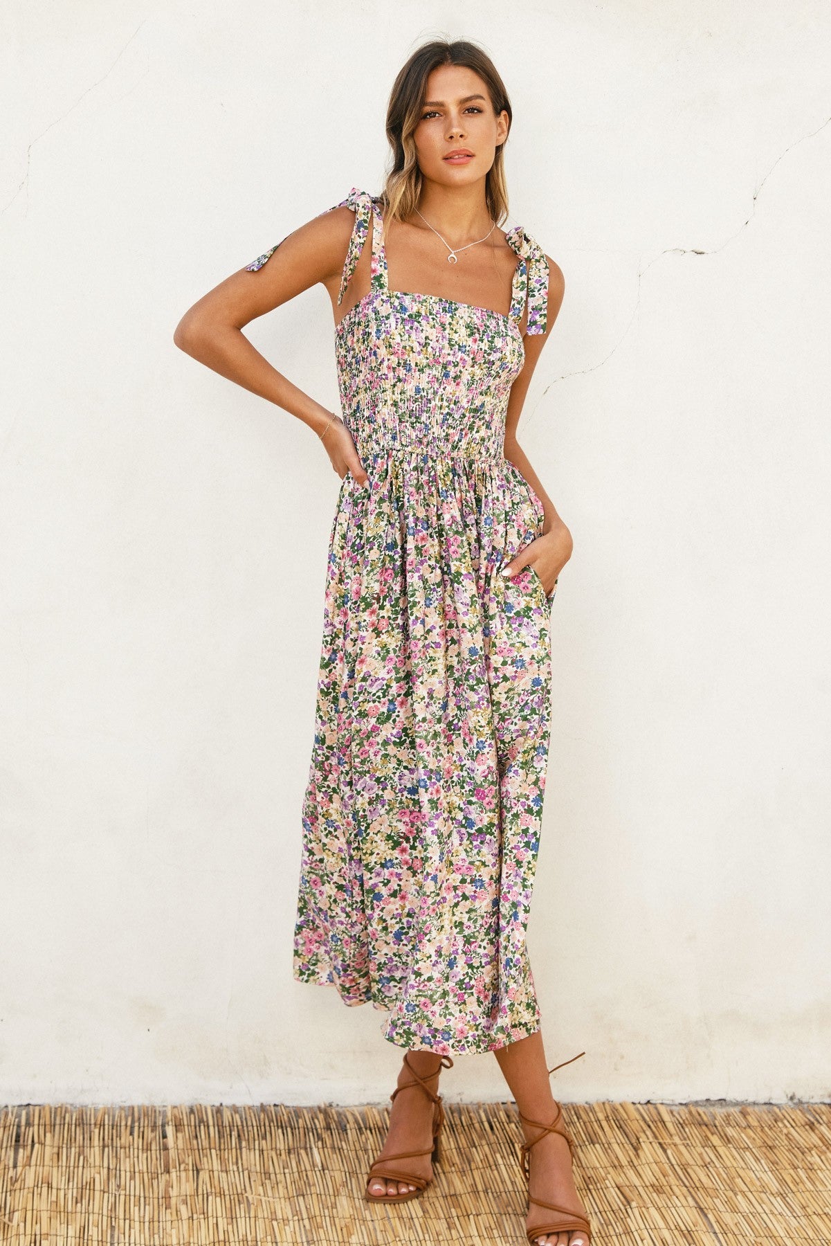 morning glory smocked midi dress