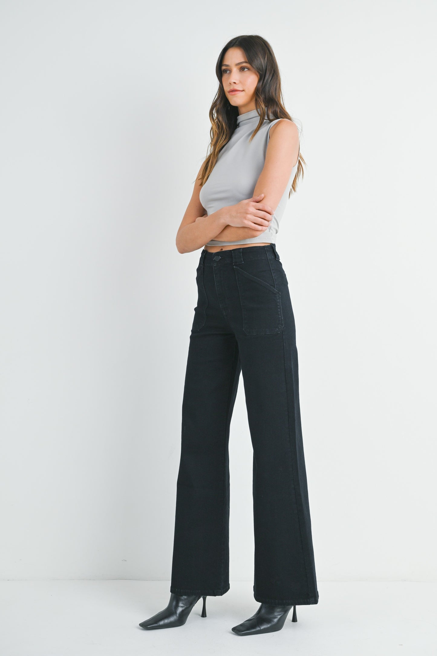 patch pocket wide leg flare