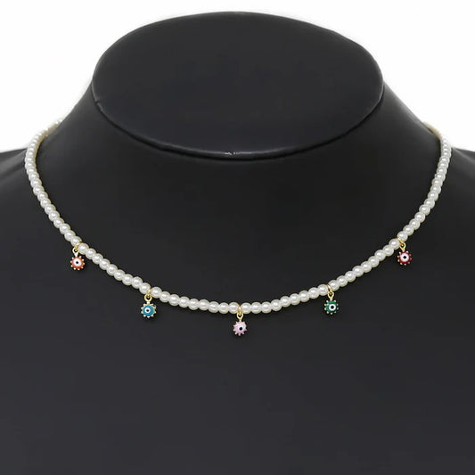 Evil Eye Charm Pearl Beaded Necklace