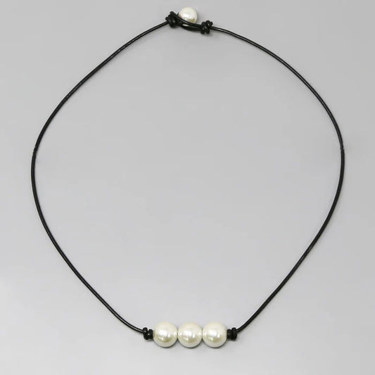 Triple Pearl Pendant Leather Cord Necklace