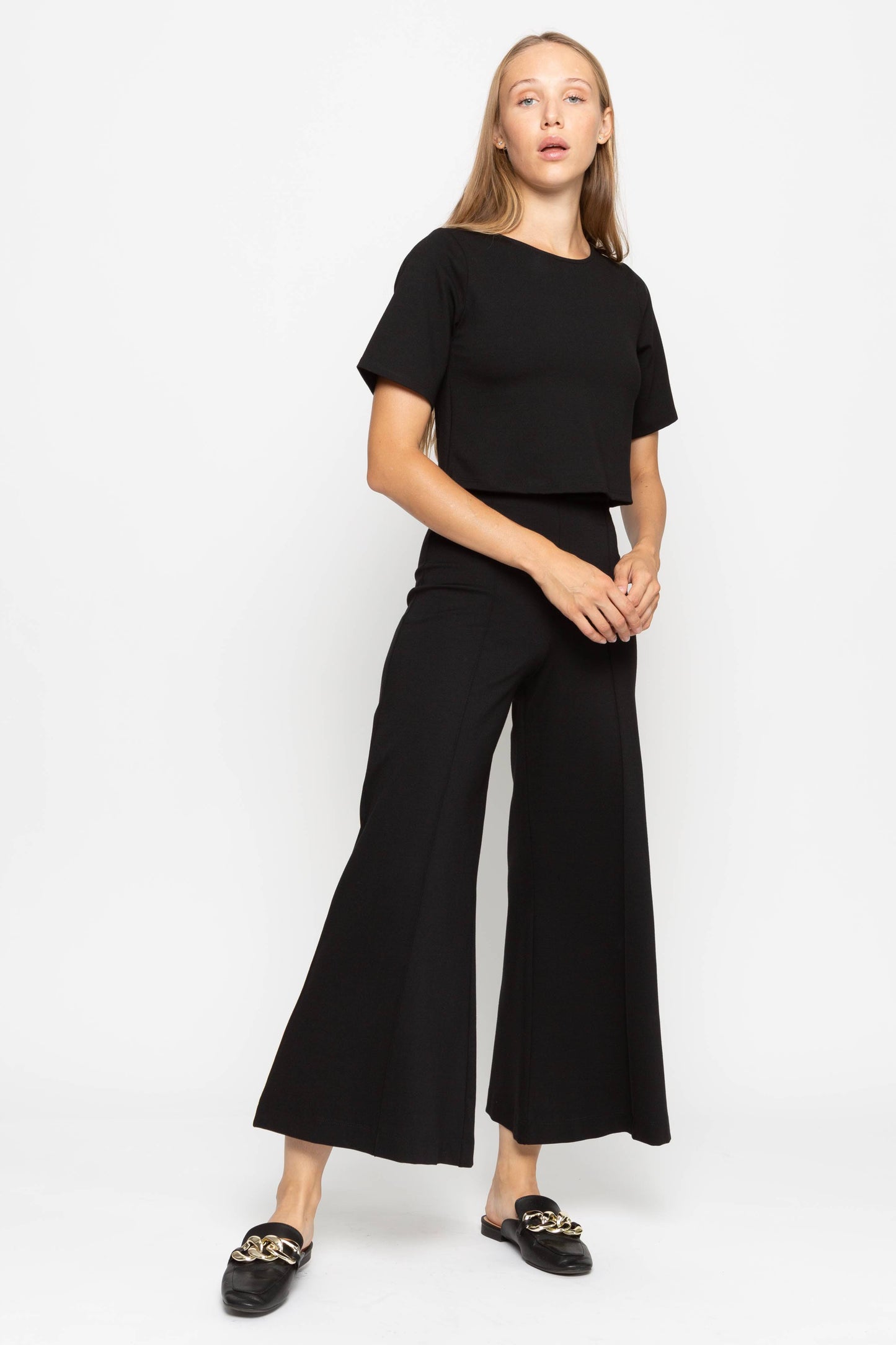 ponte knit wide leg pant-cropped