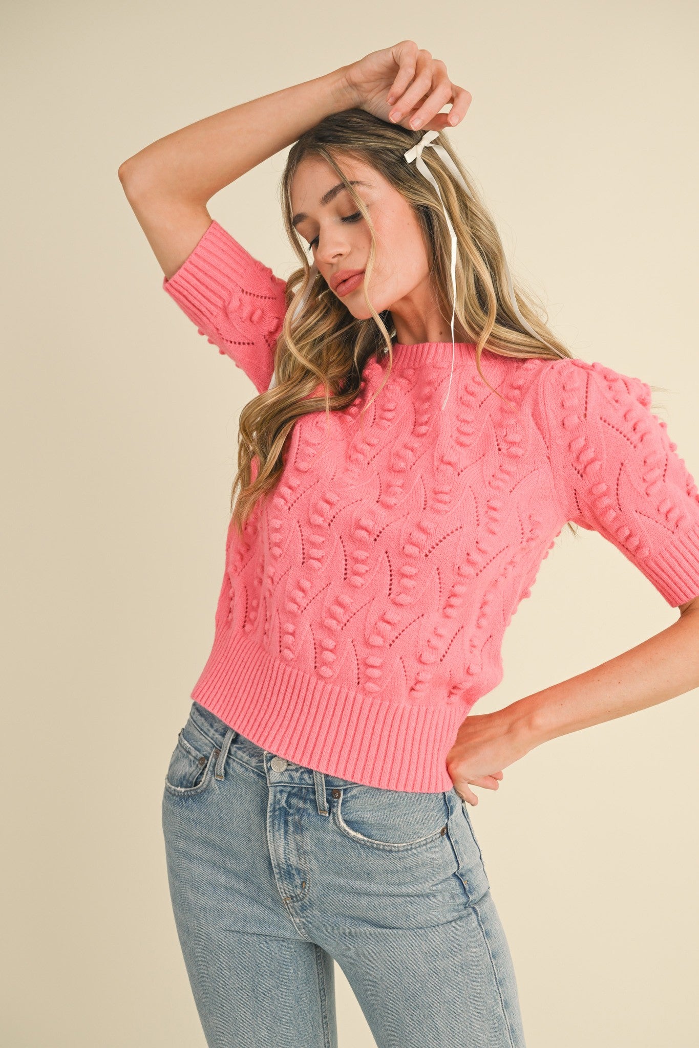 popcorn pointelle short sleeve sweater