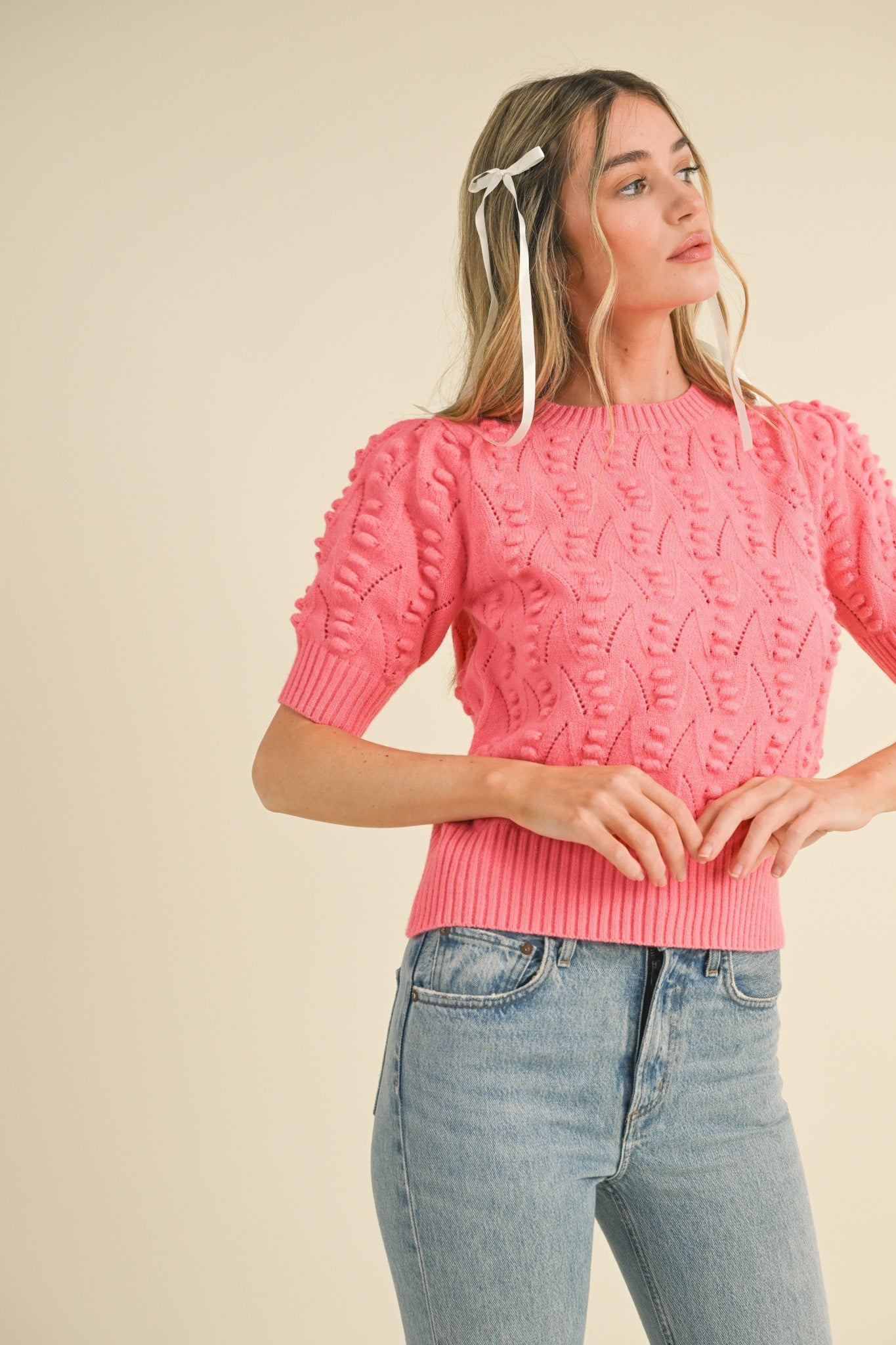 popcorn pointelle short sleeve sweater