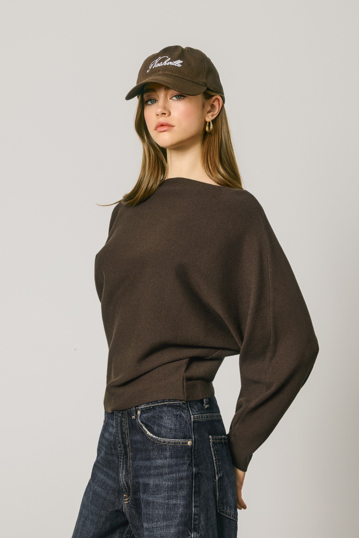 relaxed boat neck dolman sleeve sweater
