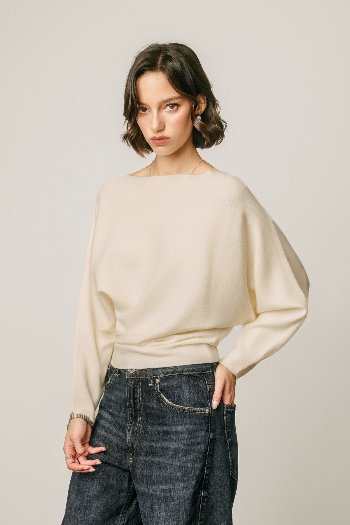 relaxed boat neck dolman sleeve sweater