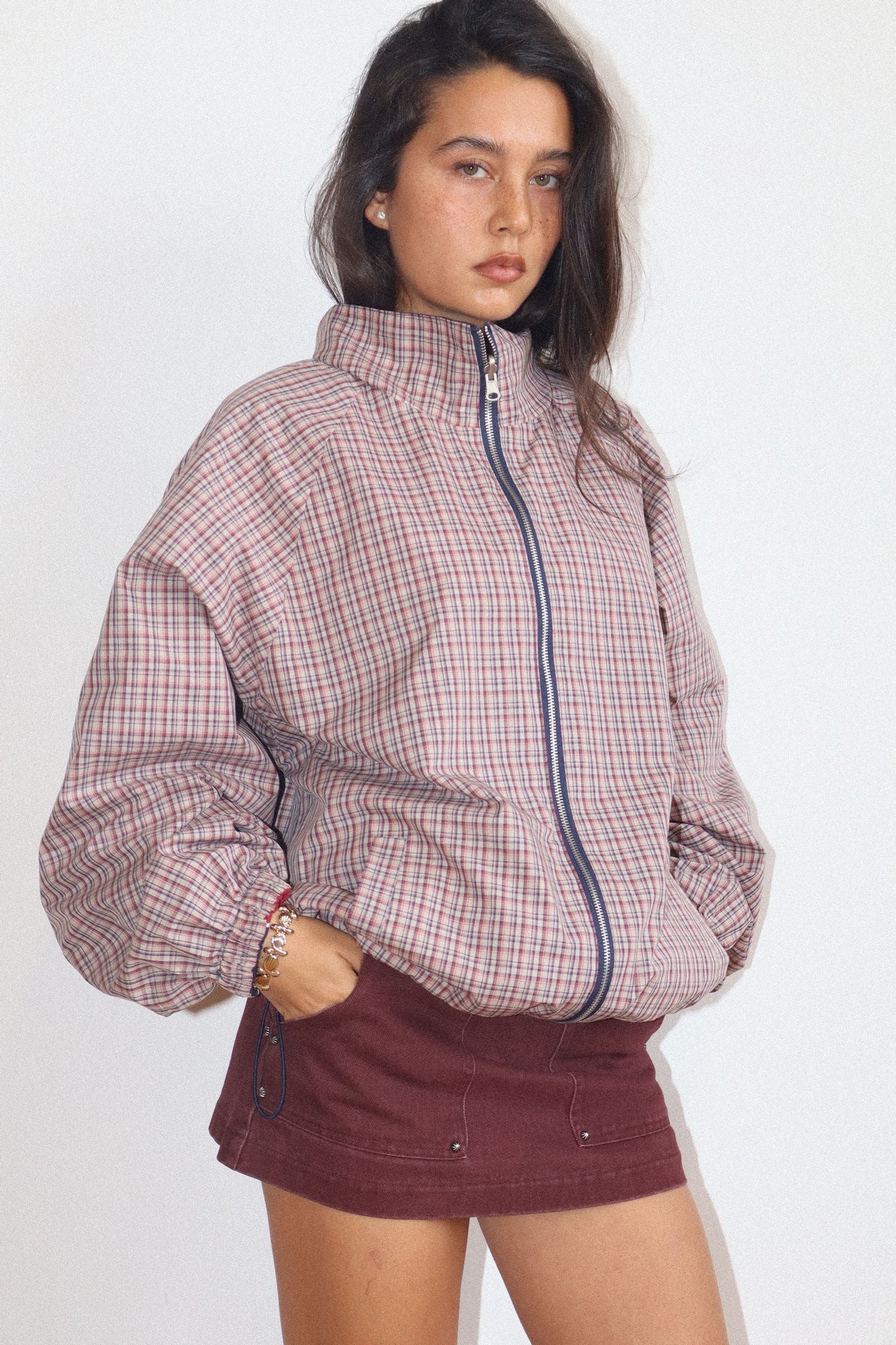 retro reversible color block zip up jacket