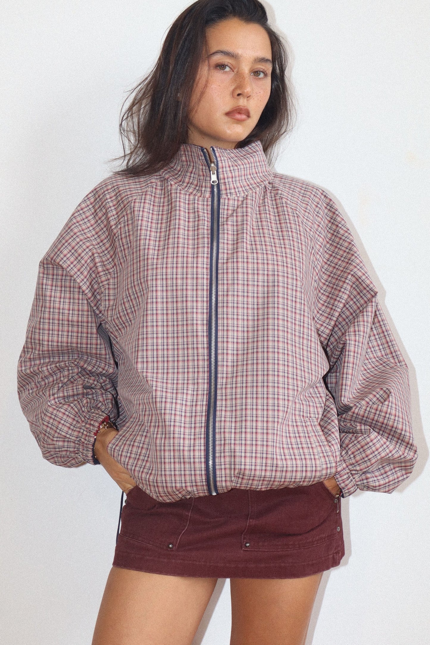 retro reversible color block zip up jacket