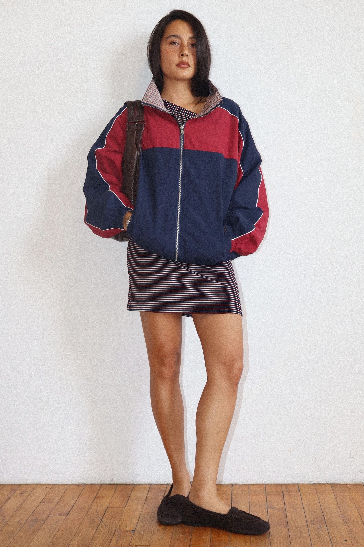 retro reversible color block zip up jacket