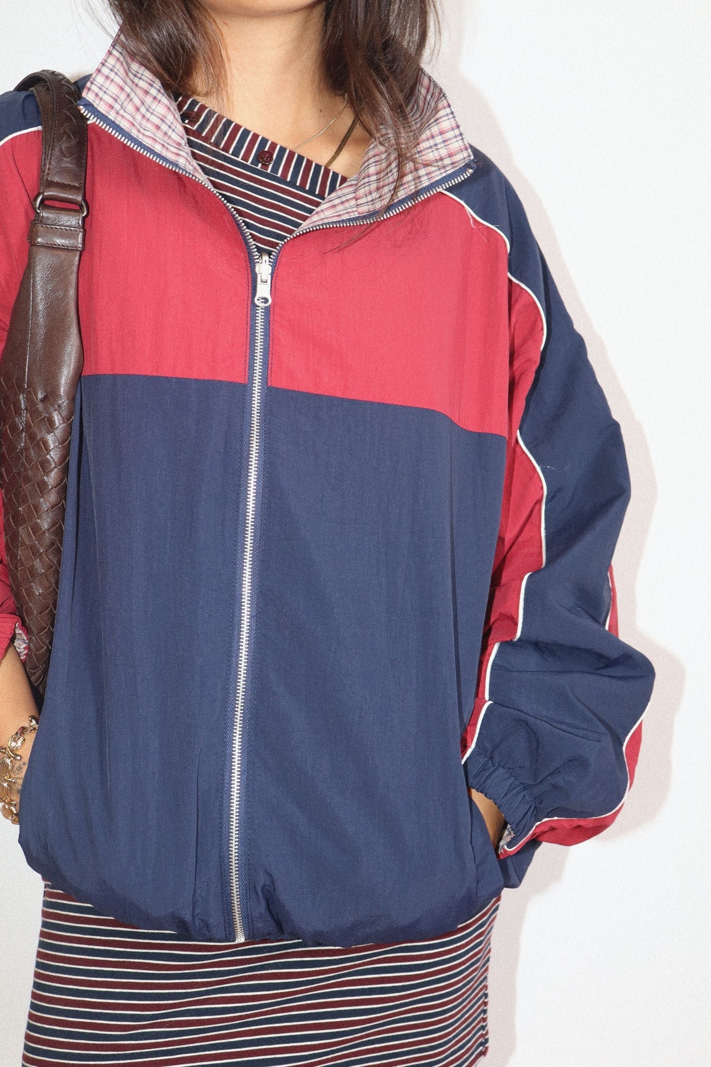retro reversible color block zip up jacket
