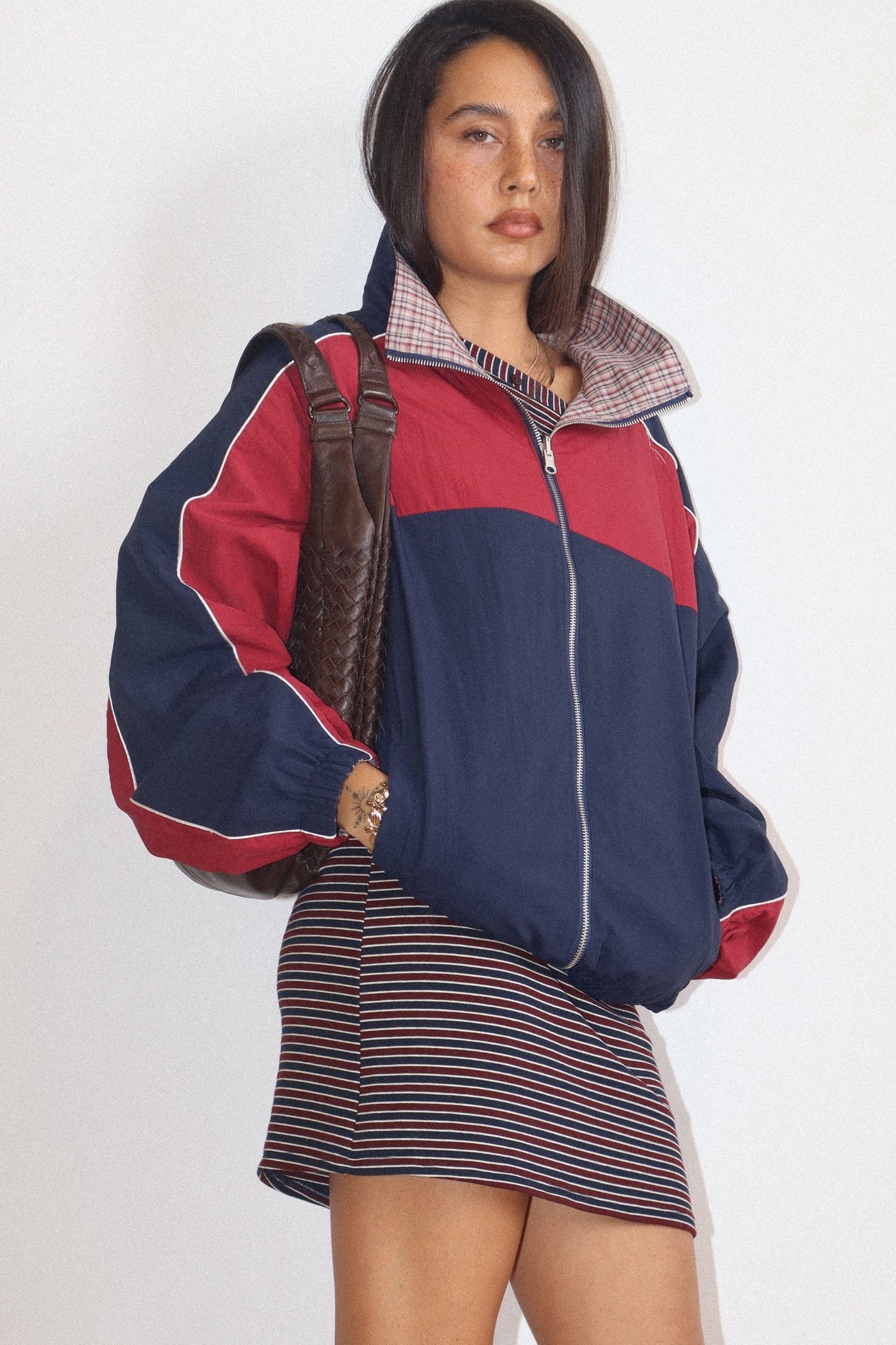 retro reversible color block zip up jacket