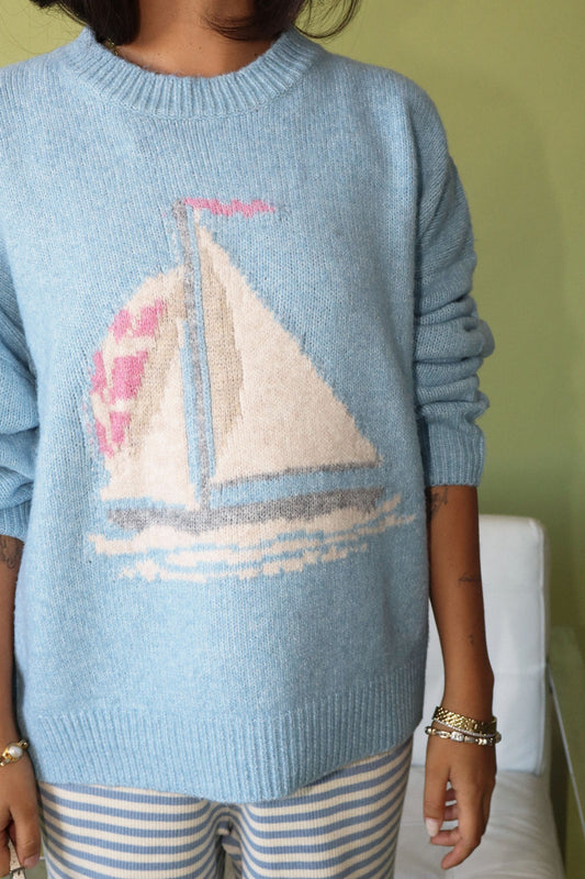 Sailboat Knit Fuzzy Sweater