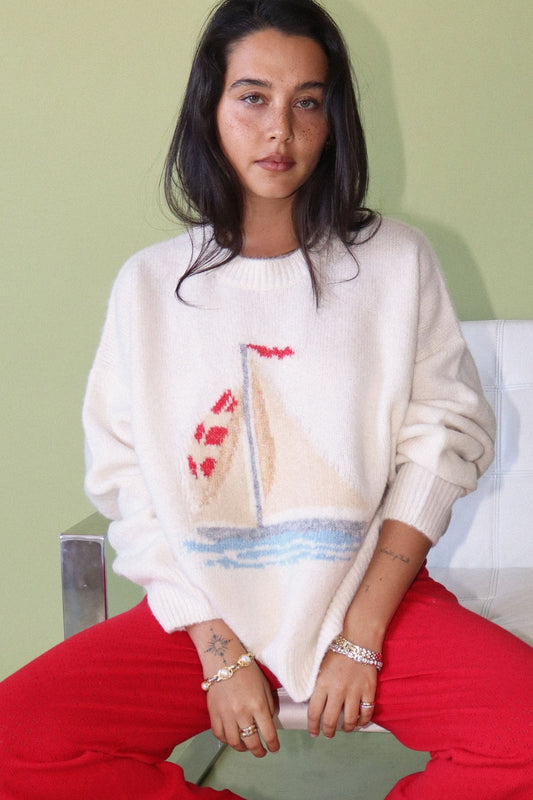 Sailboat Knit Fuzzy Sweater
