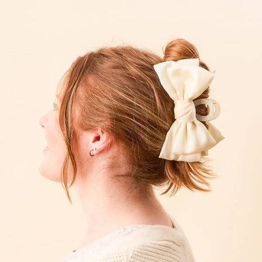 satin bow clip-cream