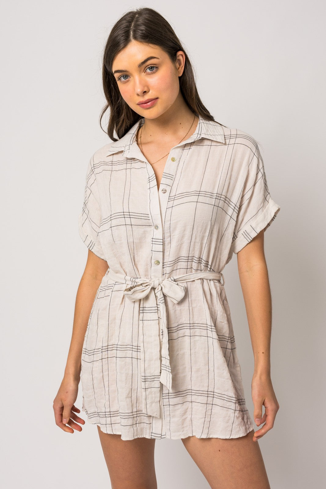 Short Sleeve Plaid Button Down tunic