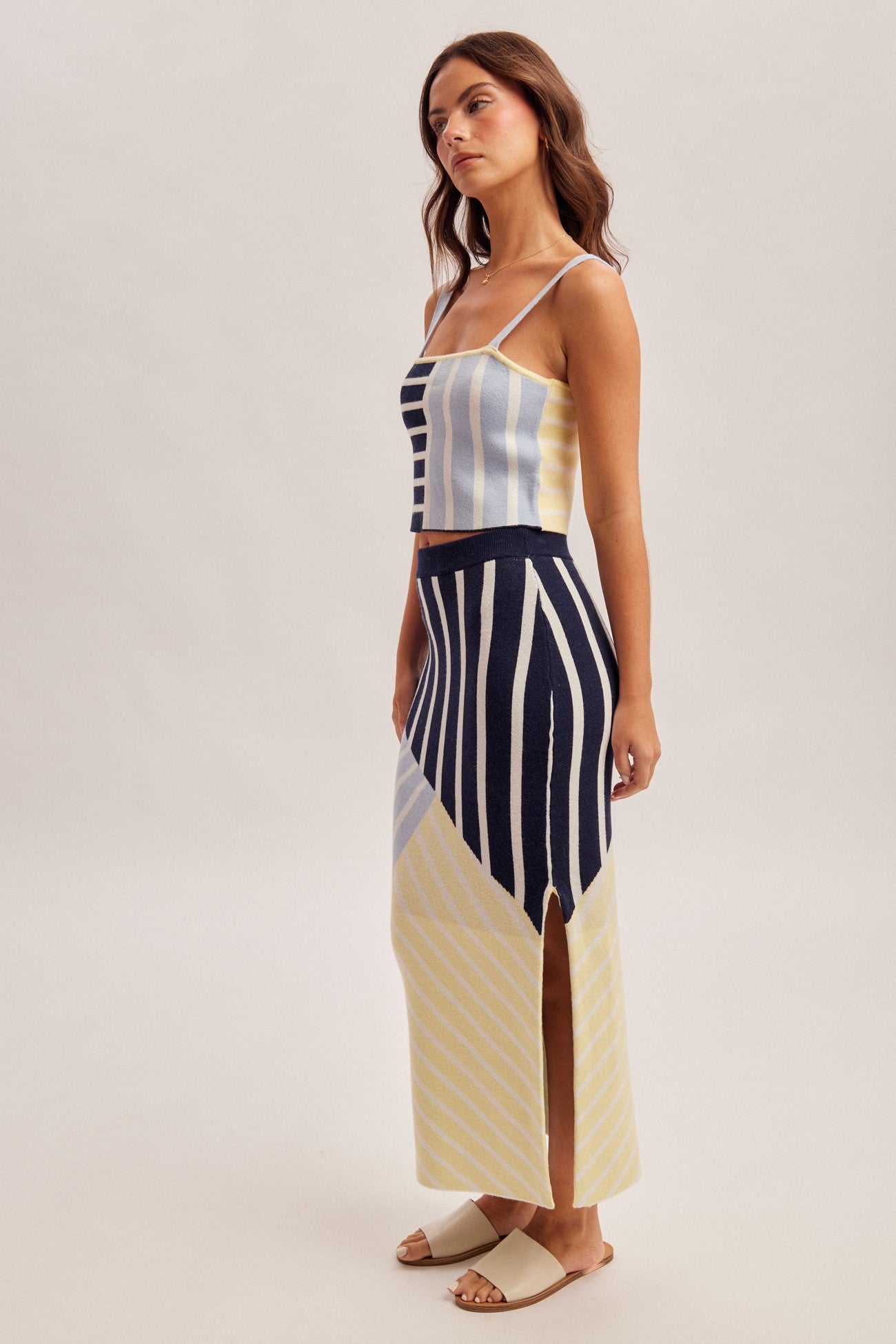stripe color block knit midi skirt