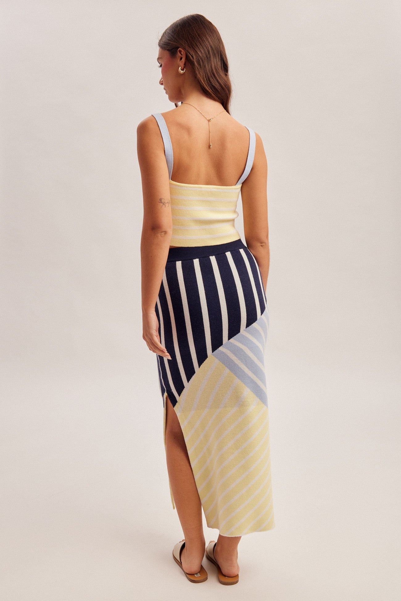 stripe color block knit midi skirt
